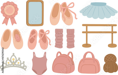 Ballet essentials icon set: flat style with shoes, leotard, tutu, and dance accessories