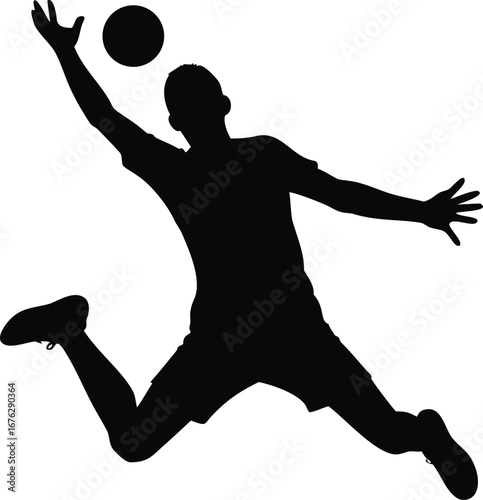 Silhouette of a soccer player jumping high to head the ball in mid-air action silhouette