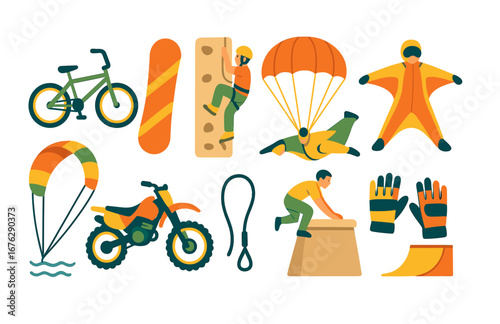 Adventure sports flat icon set. cycling, climbing, paragliding icons flat collection