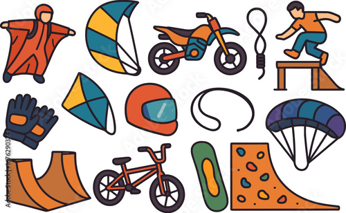Extreme sports icon set. skydiving, paragliding, biking, skateboarding outline icons