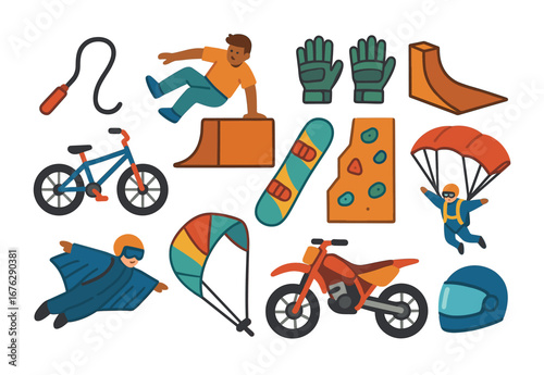 Extreme sports flat icon set. adventure, biking, climbing, and gliding icons collection
