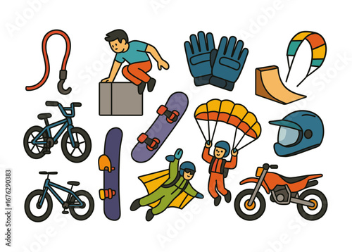 Sports and adventure flat icon set. extreme activities, paragliding, and cycling icons