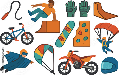 Extreme sports flat icon set. paragliding, skateboarding, cycling flat collection