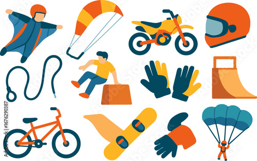 Extreme sports flat icon set. paragliding, biking, skateboarding icons collection