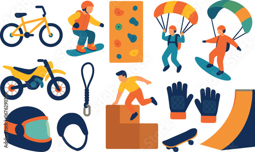Adventure sports flat icon set. biking, climbing, paragliding, skating flat style
