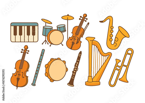 Music instrument icon set. orchestra, band elements in flat style collection