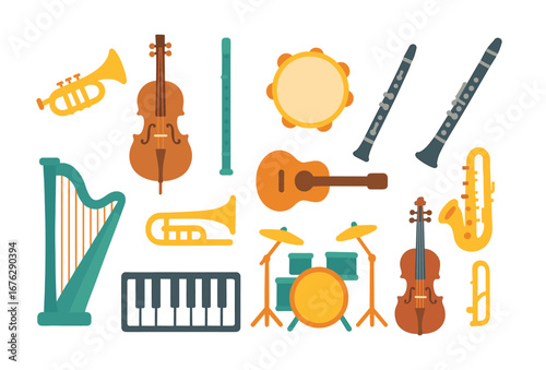 Musical instrument flat icon set. violin, guitar, harp for music lovers