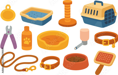 Pet care flat icon set: essentials, toys, grooming, and feeding in flat style