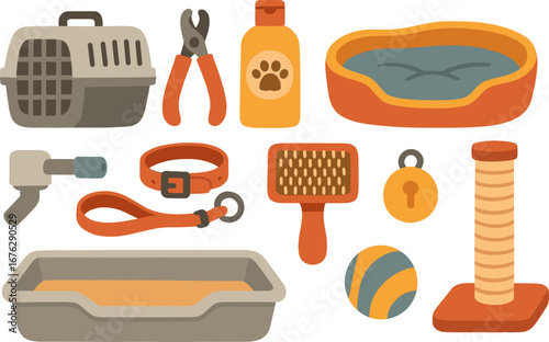 Pet care flat icon set. essential grooming, toys, and accessories for pets