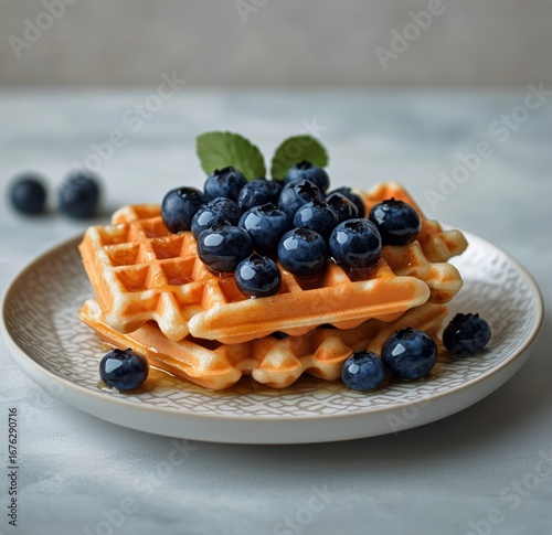 Delicious Waffles Topped With Fresh Blueberries and Mint Leaves on a Decorati...