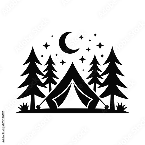 Enchanting nighttime camping scene silhouette with tent stars moon and pine trees