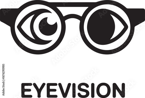 Stylized eyeglasses with visible eyes and text vision optical
