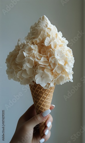 Floral Dessert Creation With a Unique Ice Cream Cone Topped With Cream-Colore...