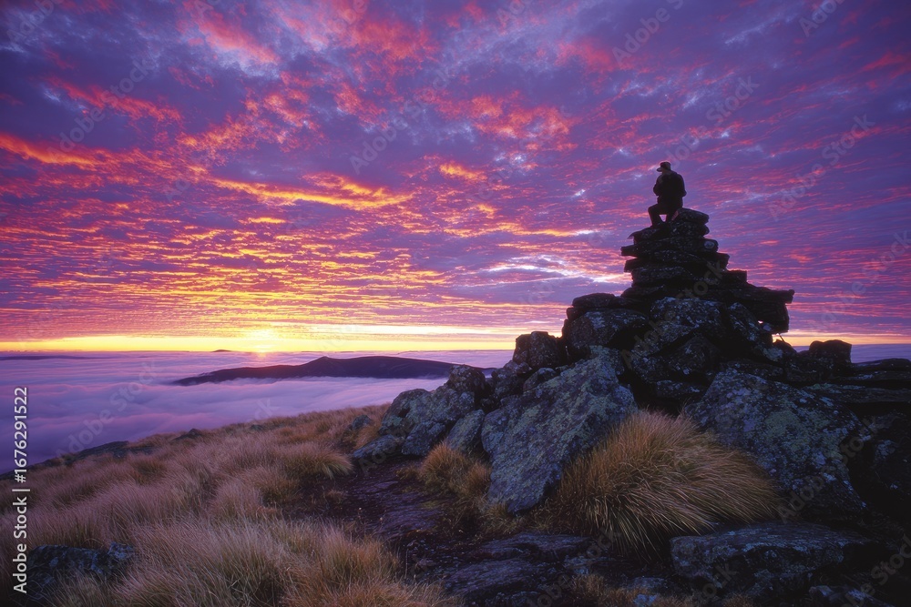 Fototapeta premium Silhouetted figure atop a rock cairn at sunrise over a misty landscape