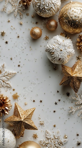 Elegant Gold and White Christmas Decorations Arranged on a Light Background f...