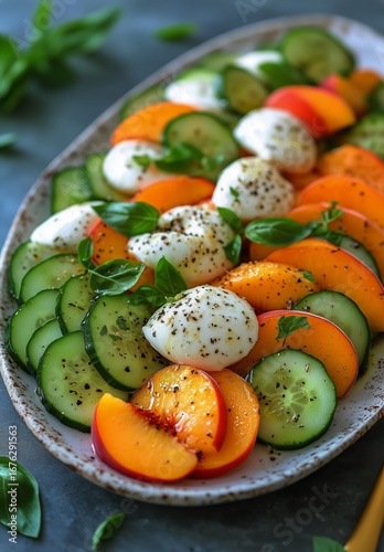 Colorful Salad With Peaches, Mozzarella, and Cucumber on Rustic Table.