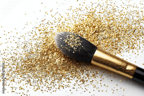 Brocha de maquillaje sobre fondo de glitter dorado que transmite lujo, estilo y creatividad visual, ideal para destacar productos cosméticos, tendencias de belleza y contenido estética profesional.