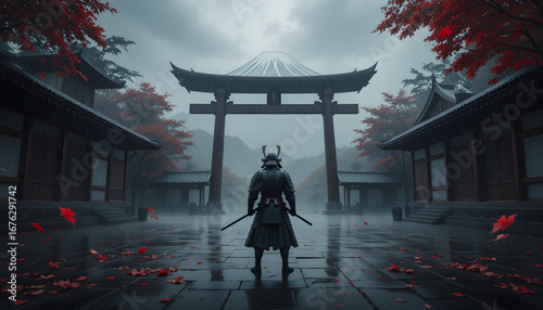 A lone samurai stands before a torii gate in a misty, rainswept japanese landscape during autumn