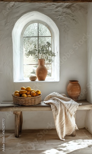 Beautiful Rustic Interior With Lemons, Pottery, and Natural Light in a Cozy S...