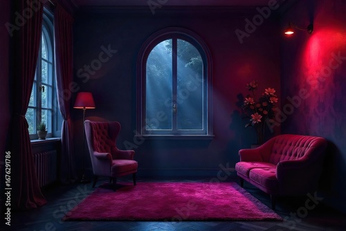Mysterious, dimly lit room; velvet textures, rich colors, and alluring shadows create a captivating and sensual atmosphere  Perfect for projects needing a seductive vibe ,  secret,  sensual,  red