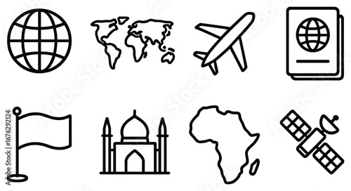 Travel and geography linear icon set. featuring globe, map, airplane, passport, flag, temple, africa, satellite symbols