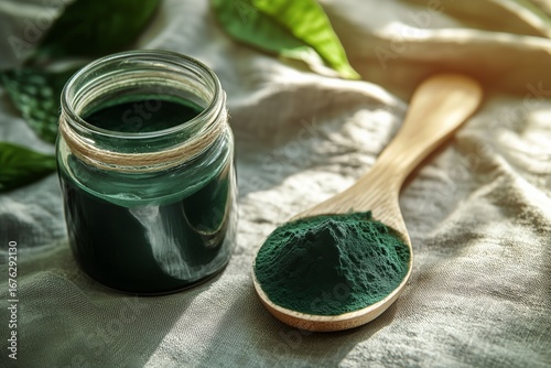 Green Superfood Powder in Jar Next to Wooden Spoon on Fabric Background With ...