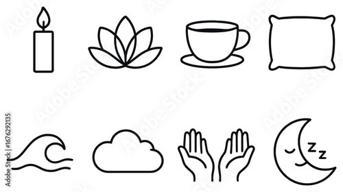 Relaxation and sleep linear icon set. featuring candle, lotus, tea, pillow, wave, cloud, hands, moon