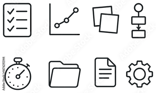 Business and office tools linear icon set. featuring checklist, graph, sticky notes, workflow, timer, folder, document, and gear icons