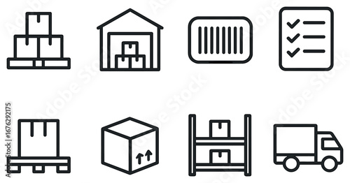 Logistics and warehouse linear icon set. featuring pallet, warehouse, barcode, checklist, box, shelf, and truck symbols