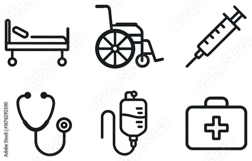 Healthcare linear icon set. featuring bed, wheelchair, syringe, stethoscope, iv bag, first aid kit