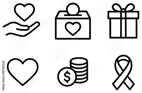 Charity and donation linear icon set. featuring heart, hand, box, gift, coin, and ribbon symbols