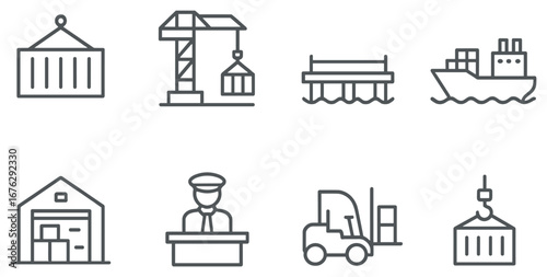 Logistics and shipping linear icon set. featuring container, crane, dock, ship, warehouse, officer, forklift, hoist