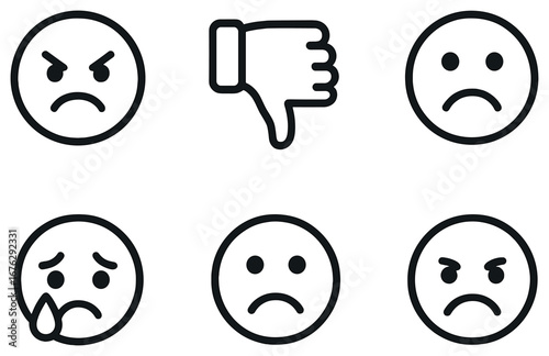 Negative emotions flat icon set. featuring angry, thumbs down, confused, sad, crying, and disappointed symbols