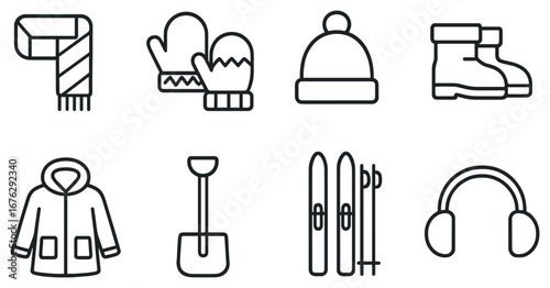 Winter clothing and gear linear icon set. featuring scarf, mittens, hat, boots, coat, shovel, skis, earmuffs