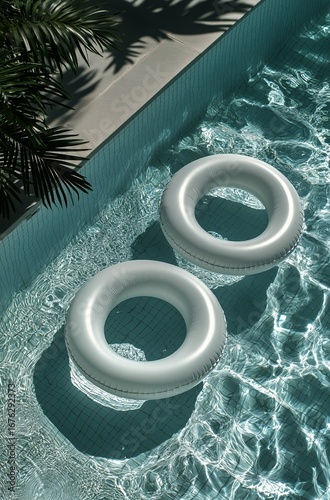 Relaxing Summer Afternoon With Floating Rings in a Tranquil Swimming Pool