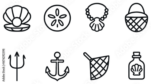 Beach and marine life linear icon set. featuring shell, sand dollar, necklace, basket, trident, anchor, net, and bottle