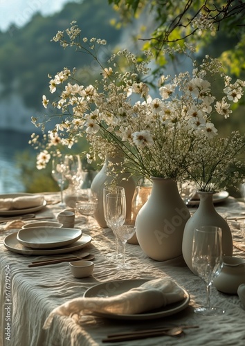 Elegant Outdoor Dining Setup With Floral Centerpieces Alongside a Scenic Wate...