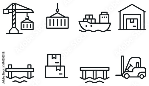 Shipping and logistics linear icon set. featuring crane, cargo, ship, warehouse, dock, forklift, and package symbols