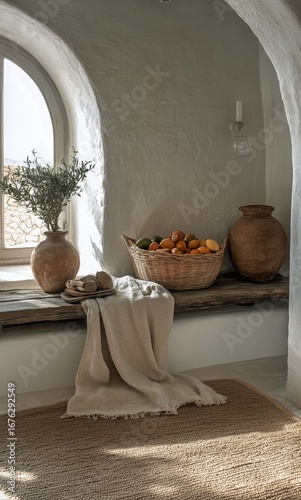 Cozy Nook With Fruits and Pottery in a Sunlit Room of a Rustic Home