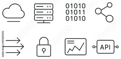 Cloud computing linear icon set. featuring cloud, server, binary, share, transfer, lock, analytics, and api symbols