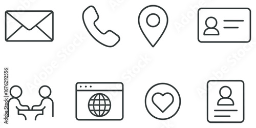 Communication and contact linear icon set. featuring email, phone, location, id, meeting, web, heart