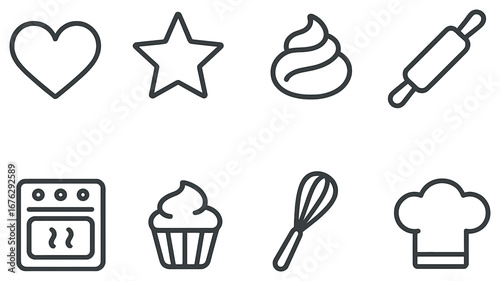 Baking theme linear icon set. featuring heart, star, frosting, rolling pin, oven, cupcake, whisk, chef hat