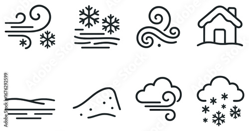 Weather symbols linear icon set. featuring wind, snow, house, cloud, and snowflakes icons