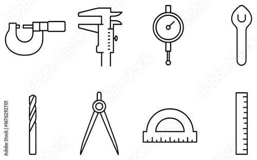 Precision measurement linear icon set. featuring micrometer, caliper, dial gauge, wrench, drill, compass, protractor, ruler