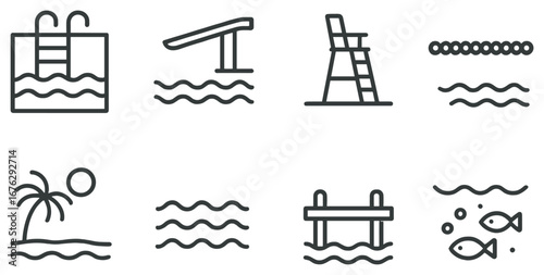 Beach and pool linear icon set. featuring pool, slide, lifeguard, buoy, palm, waves, pier, fish