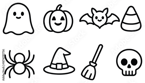 Halloween linear icon set. featuring ghost, pumpkin, bat, candy corn, spider, witch hat, broom, and skull