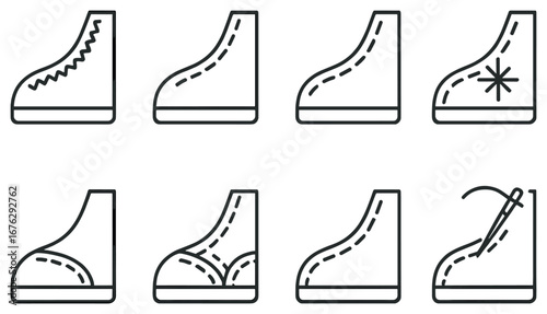 Footwear crafting linear icon set. featuring stitching, ankle, sole, fabric, decor, and pattern symbols
