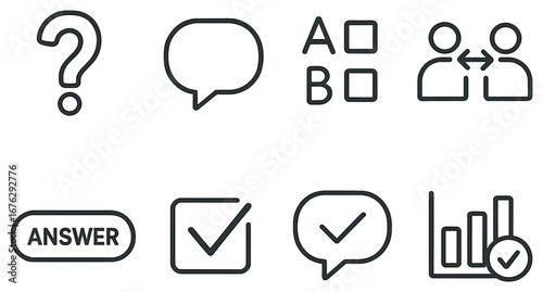 Survey and feedback linear icon set. featuring question, chat, multiple choice, interaction, answer, checkbox, and chart symbols