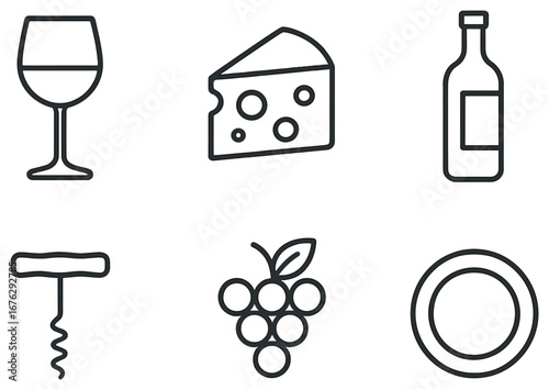 Wine and cheese linear icon set. featuring wine glass, cheese, bottle, corkscrew, grapes, and plate symbols.