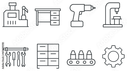 Manufacturing flat icon set. featuring factory, desk, drill, milling machine, tools, cabinet, conveyor, gear